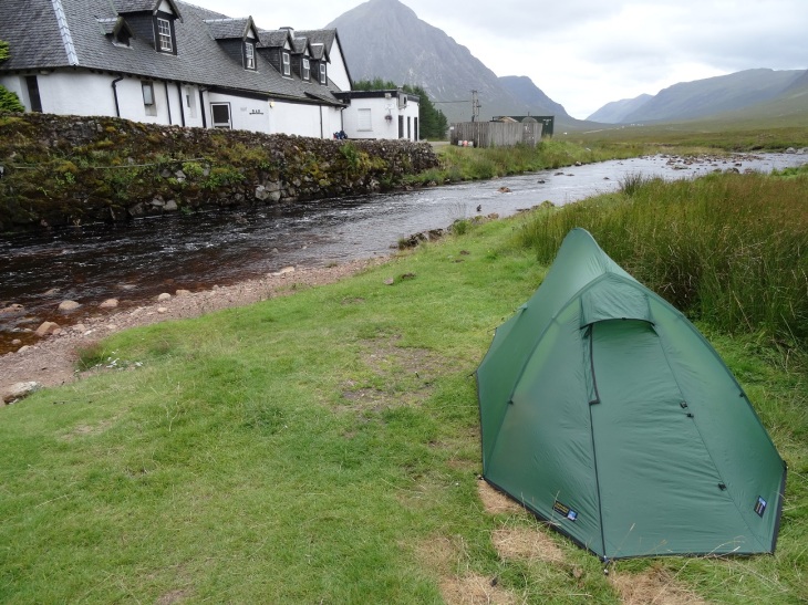 Pitch near the Kings' House Hotel, with the big Buachaille in the background.