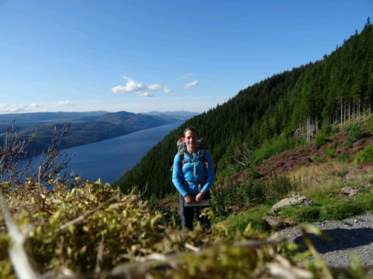 Here is an obligatory photo of me, to show I'm still alive! This is looking over Loch Ness, to the SW from roughly half way along. The camera is precariously balanced on a ledge, hence the odd 'foreground'. Loch Ness is huge, more water than all the lakes in England and Wales combined, over 200m deep with incredibly steep sides and a very flat bottom.