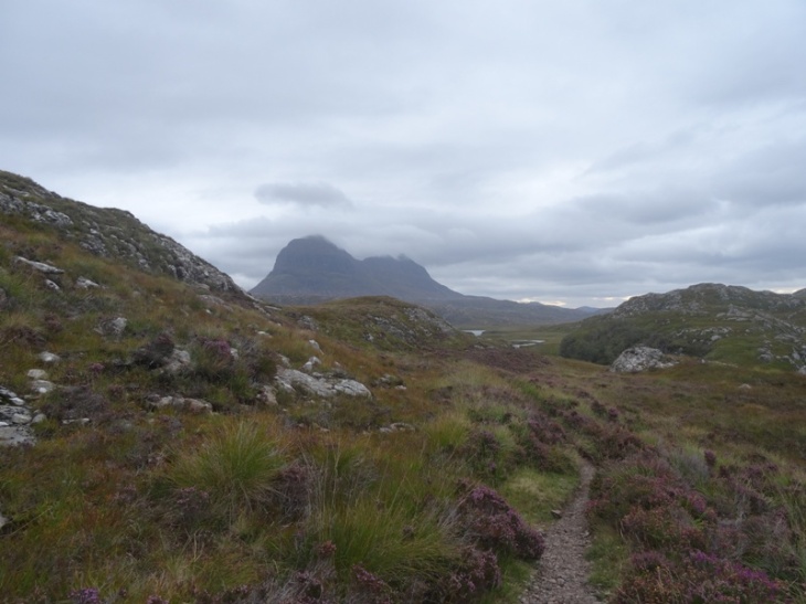 An early view of Suilven, being gently crowned by clouds.