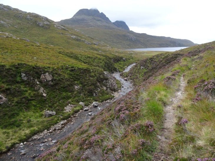 A more modest (but still lovely) path along Allt a Ghlinne Dhorcha, looking back at Loch na Gainimh and Suilven