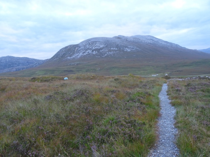 My pack (the white dot on the left), a good path, carpark in the distance and Glas Bheinn in the background.