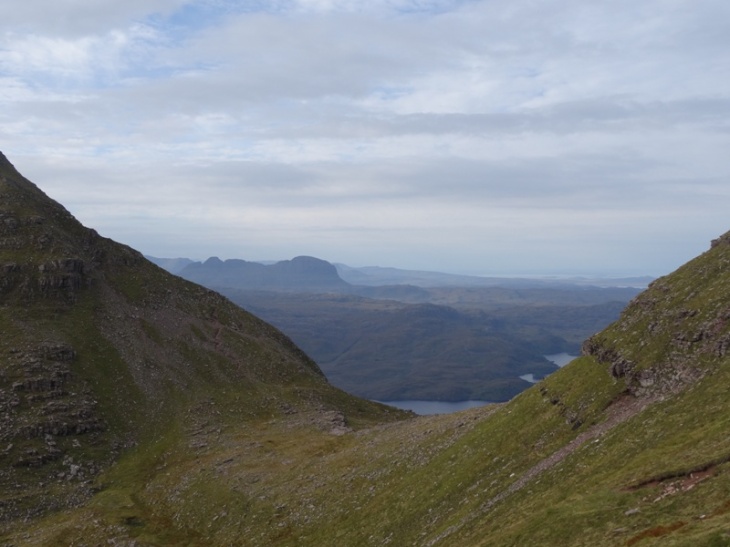 The hillside I scrambled around on the right (across the scree and probably just below that lower dark patch). Spidean Conich looking fairly unassailable although you can just see the path snaking up the far edge. Suilven in the background.