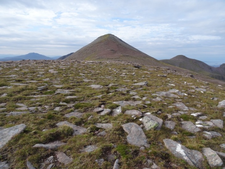 Looking back from the end of the Sail Garbh ridge, along easy walking sandstone, back at the summit.